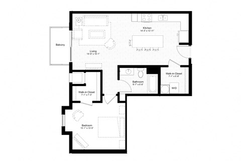 Floor plan for 1 bed, 1 bath, 831 sqft